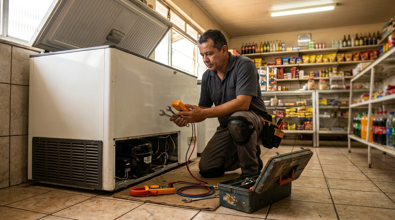Técnico realizando manutenção de motor de freezer em Ribeirão Preto‑SP