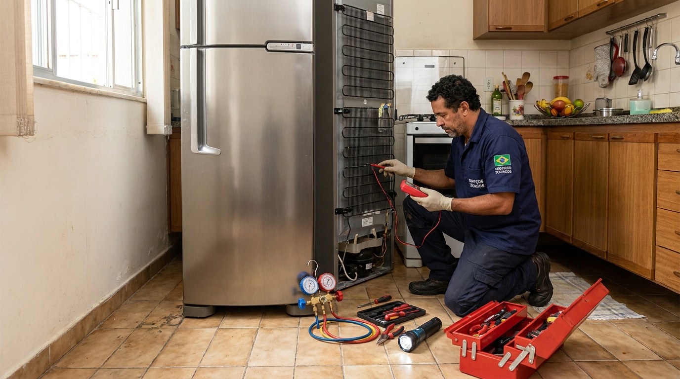 Técnico realizando manutenção de motor de geladeira em Ribeirão Preto‑SP