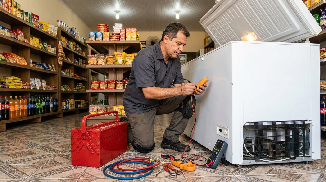 Recarga de gás refrigerante em freezer em atendimento em Ribeirão Preto‑SP